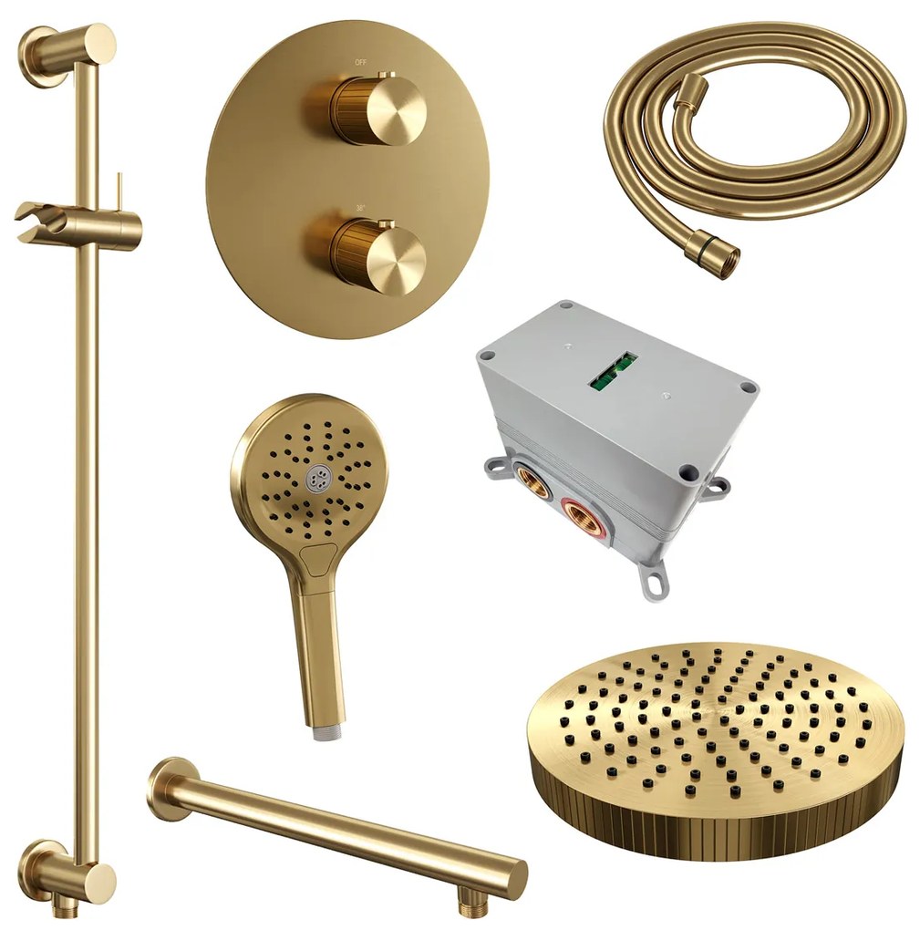 Brauer Stripe inbouw regendouche rond met 25cm hoofddouche, rond met rechte muurarm, glijstang en 3 standen handdouche set 46 messing geborsteld PVD