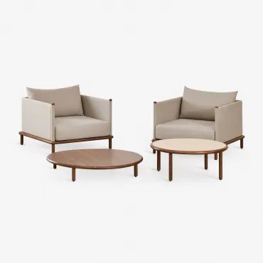 Woonkamerset Met 2 Fauteuils En 2 Ronde Salontafels Van Acaciahout Olivia Donker Acaciabruin & Donker Acaciabruin - Beige - Semoline - Sklum
