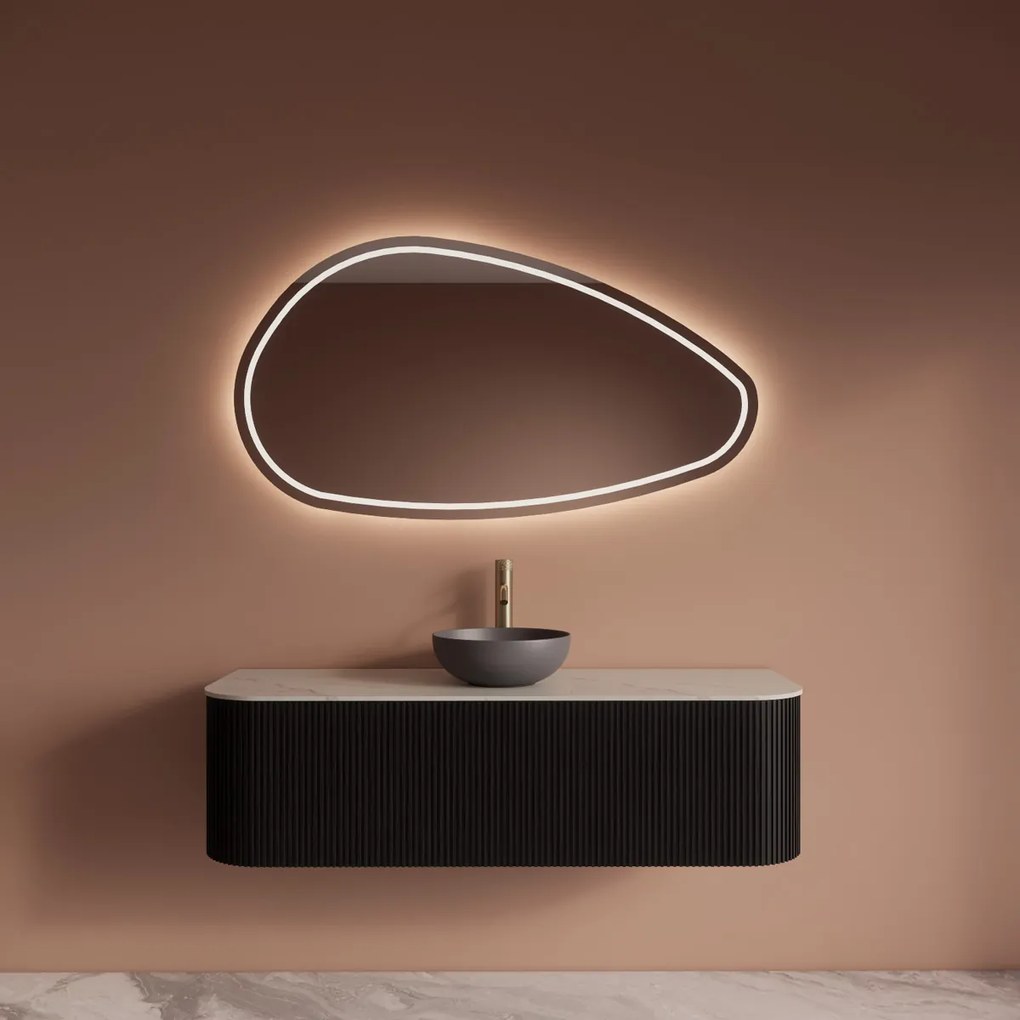 Gliss Design Alluro badmeubel ribbelfront met ronding links/rechts 140cm black en wit marmer toppaneel