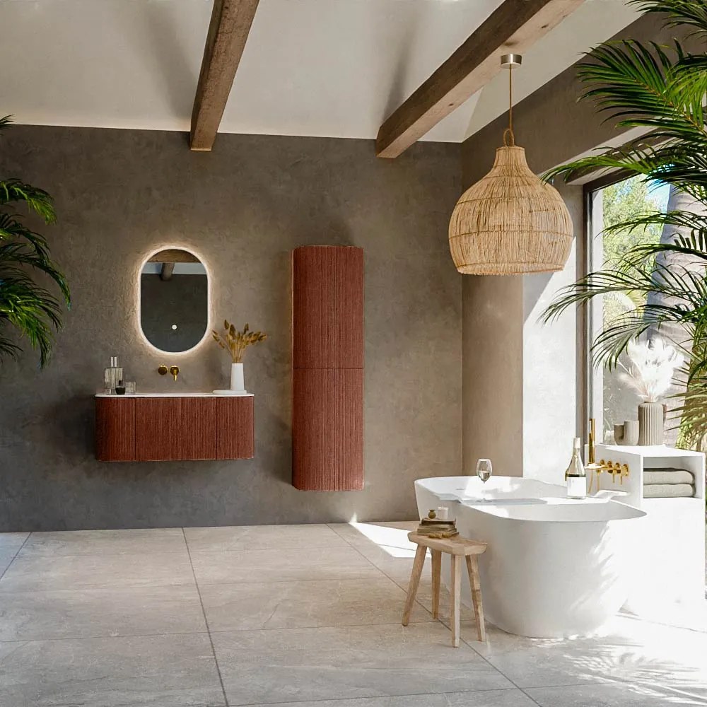 Mondiaz Kurve-dlux 100cm badmeubel ronding links/rechts ruby met 1 lade en 2 deuren en wastafel grunne midden zonder kraangat opalo