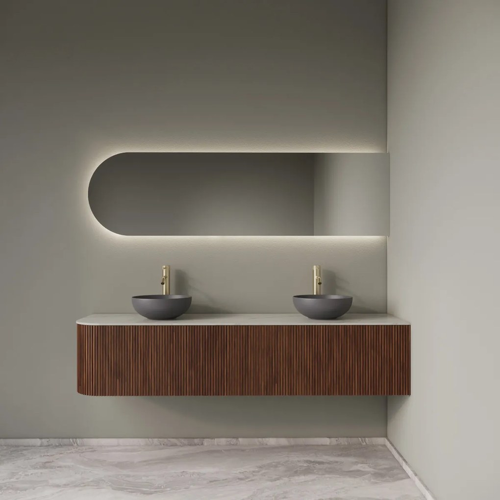 Gliss Design Alluro badmeubel ribbelfront met ronding links 180cm walnut en wit marmer toppaneel
