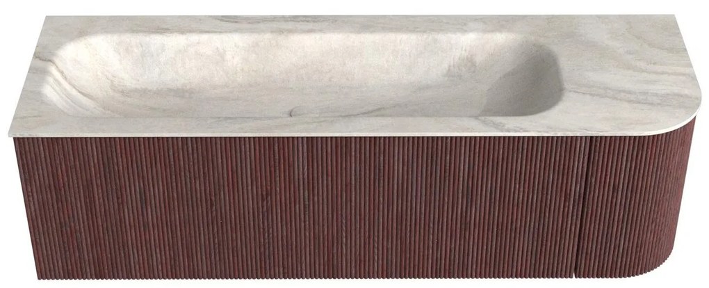 Mondiaz Kurve-dlux 145cm badmeubel ronding rechts ruby met 1 lade en deur en wastafel big large links zonder kraangat ostra