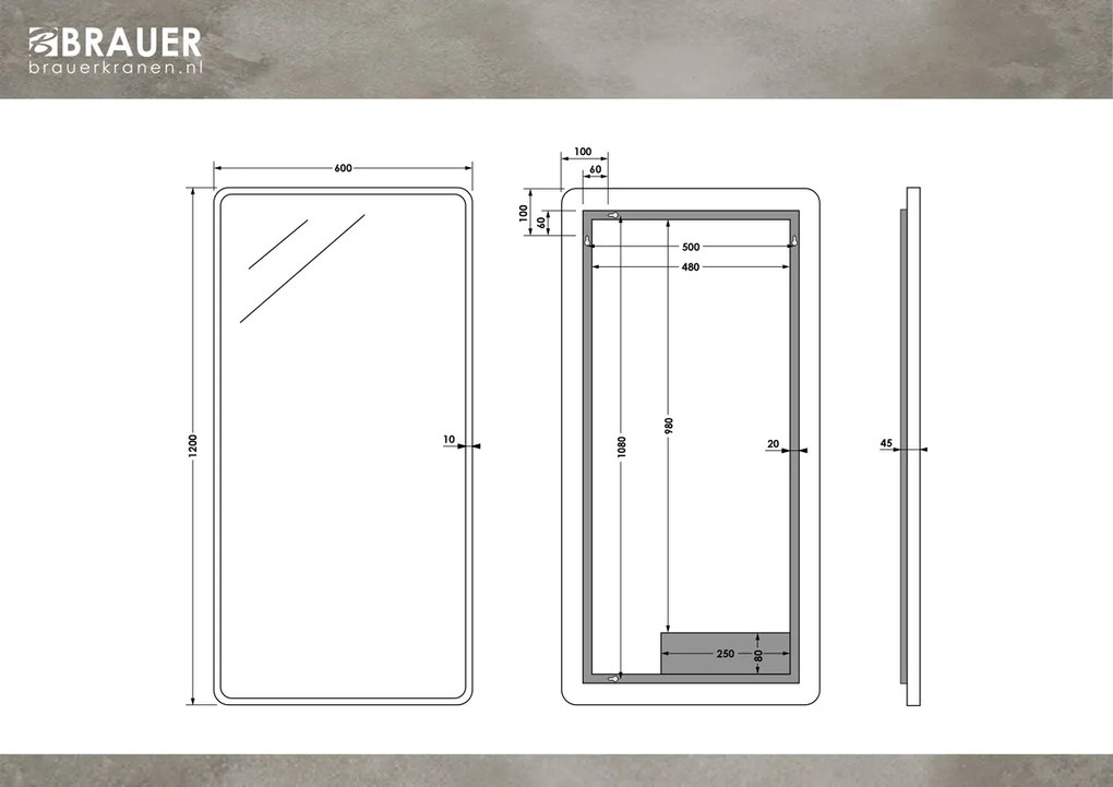 Brauer Sapphire rechthoekige spiegel met verlichting 120x60cm RVS