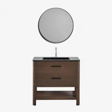 Badkamermeubelset In Hout Met Geïntegreerde Wastafel Misene Donker Hout & Round Led And Antifog Zwart Ø80 Cm Kimacs & Chroom - Sklum