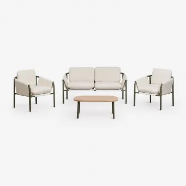Tuinset Met 2-zitsbank, 2 Gestoffeerde Fauteuils En Salontafel Van Zunika-staal Groen – Intens Olijf - Sklum