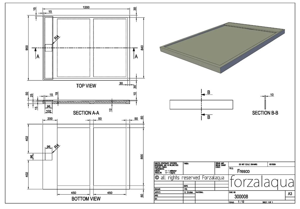 Forzalaqua Fresco douchebak 120x90cm carrara gepolijst met afvoerputje RVS