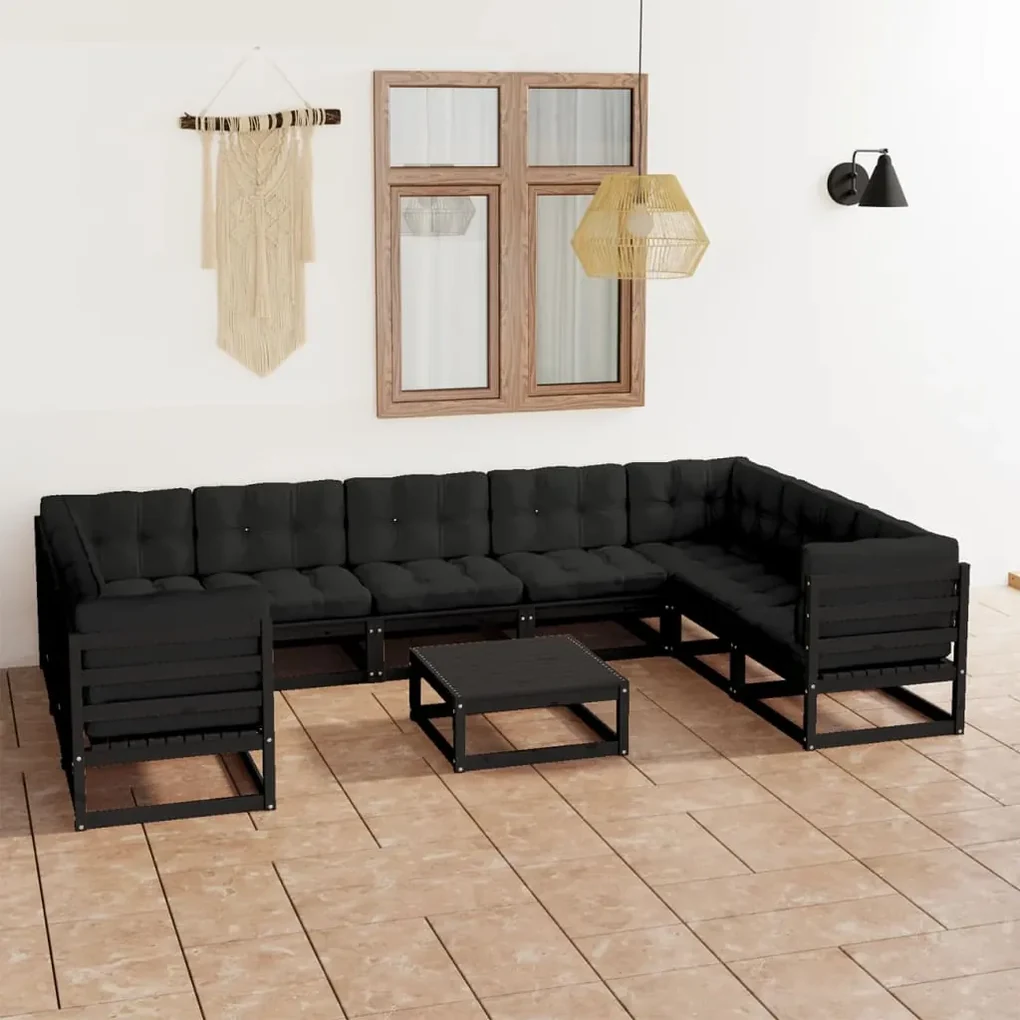 vidaXL 10-delige Loungeset met kussens massief grenenhout zwart