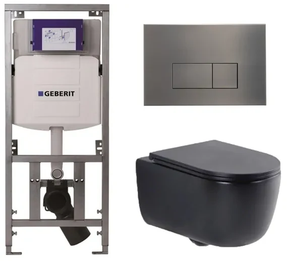 QeramiQ Dely Swirl Toiletset - 36.3x51.7cm - Geberit UP320 Burda inbouwreservoir - slim zitting - gunmetal bedieningsplaat - rechthoekige knoppen - mat zwart 0701131/SW706199/SW1000768/SW1026258