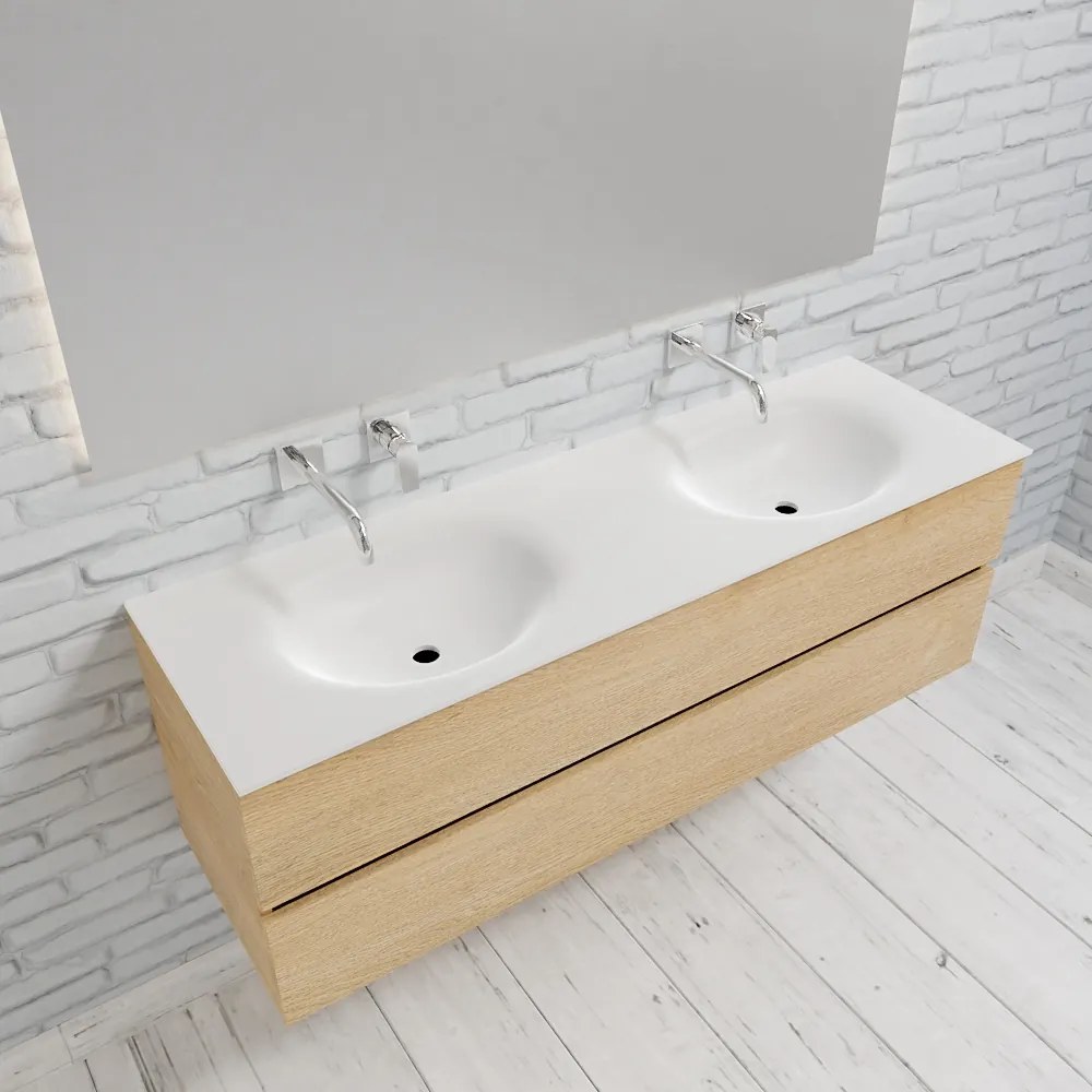 Zaro Sevilla Solid Surface badmeubel 150cm licht eiken zonder kraangat dubbele spoelbak met 2 lades