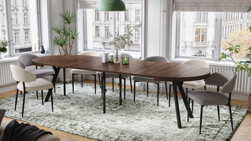 EXPANSO Bruine eik/zwarte poten - GROTE RONDE TAFEL Ø110 UITBREIDBAAR TOT 310 cm met Y-POTEN LOFT/INDUSTRIAL