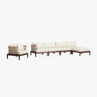 Tuinset Met 4-delige Modulaire Hoekbank Met Poef En Fauteuil In Acacia Giulia Beige – Crème - Sklum