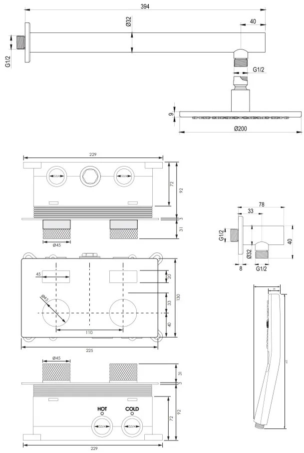 Brauer Gunmetal Carving thermostatische inbouw regendouche met 3 standen handdouche, rechte muurarm en hoofddouche 20cm set 55 gunmetal geborsteld PVD