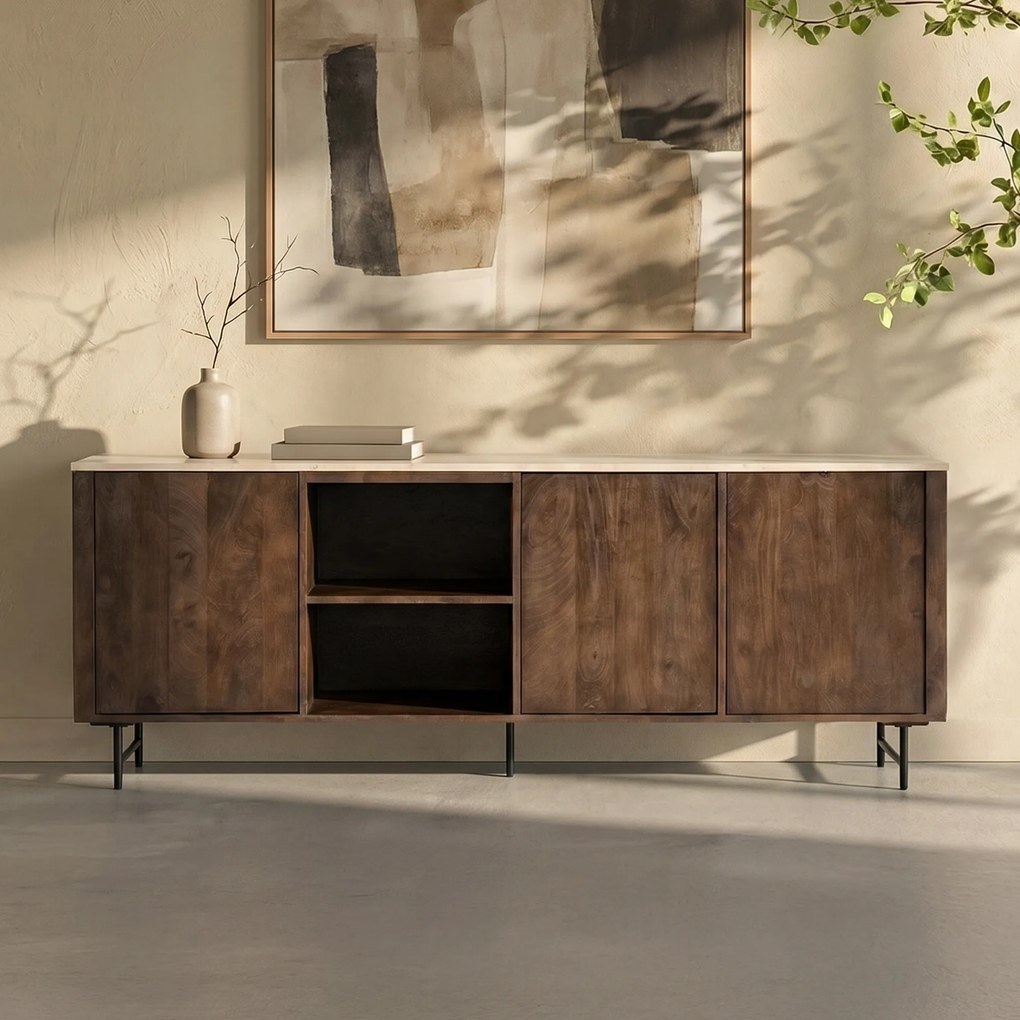 Dressoir Donker Hout Met Travertin Blad - 200x41x75cm.