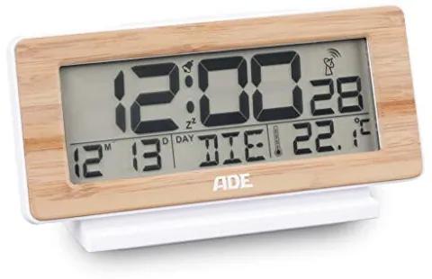 CK1940 Digitale wekker, wit/bamboehout, DCF-tijdsignaal, displayverlichting, temperatuurweergave, 4 x 16,6 x 8,7 cm
