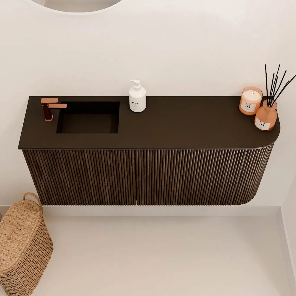 Mondiaz Joya 90cm toiletmeubel ronding rechts walnut met wastafel faye links 1 kraangat urban