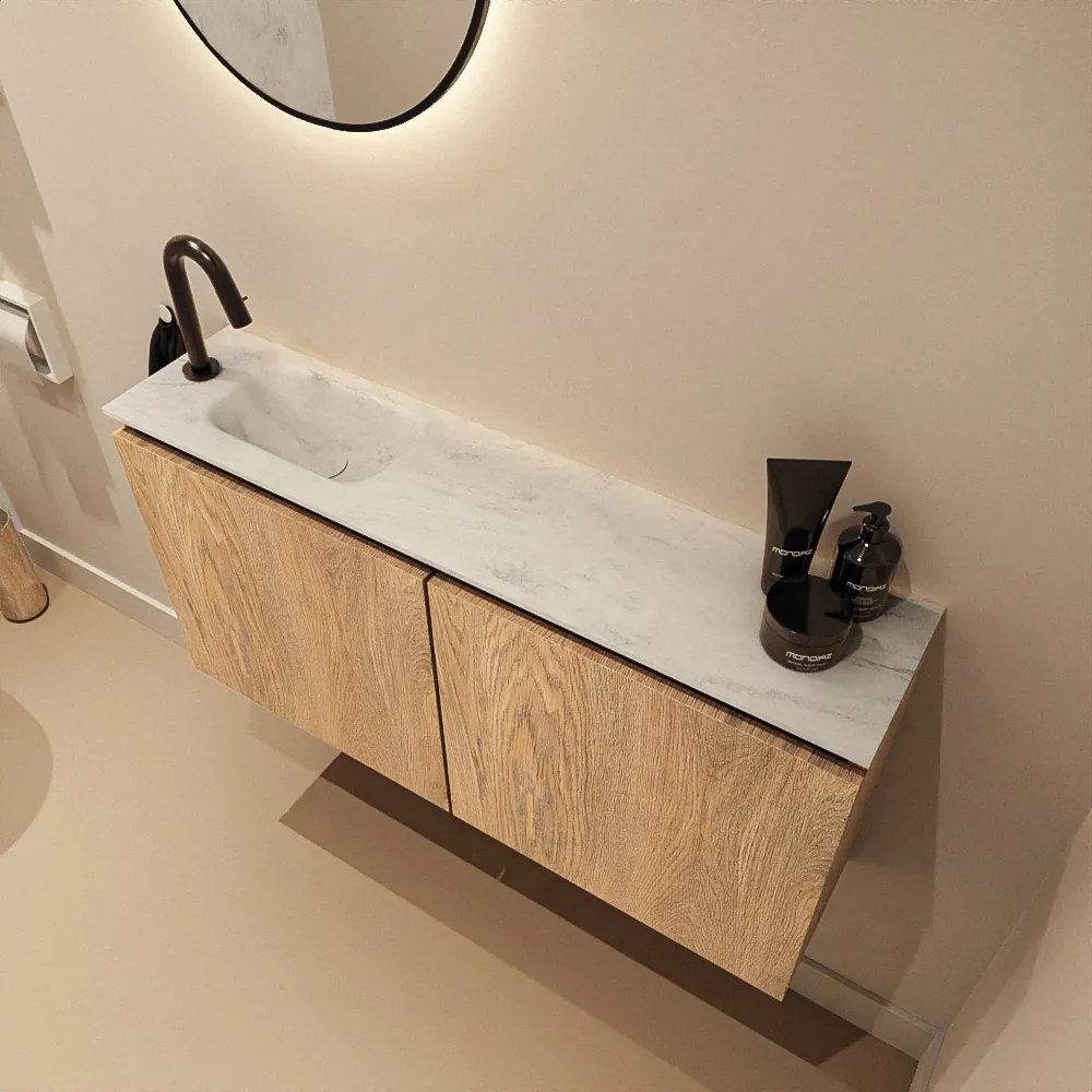 Mondiaz Ture DLux toiletmeubel 100cm washed oak met wastafel opalo links met kraangat