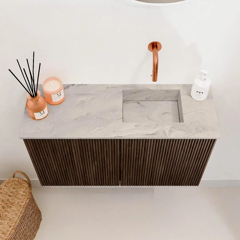 Mondiaz Joya DLux 70cm toiletmeubel walnut met wastafel faye rechts zonder kraangat glace