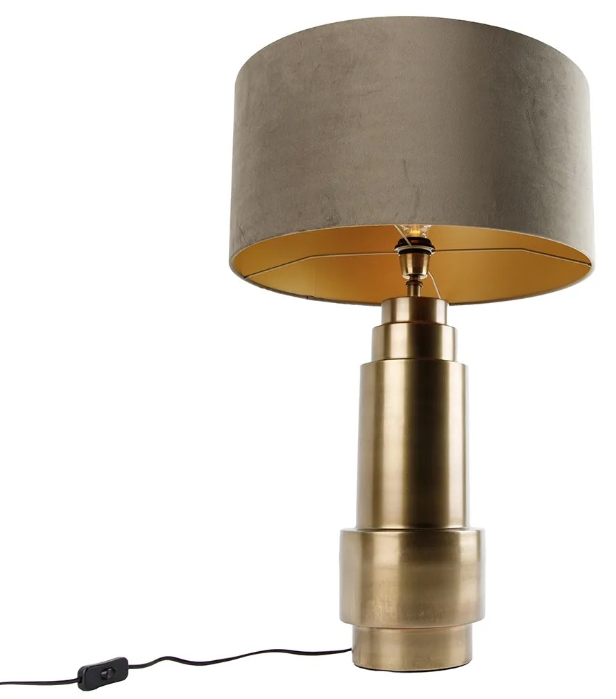 Tafellamp brons velours kap taupe met goud 50 cm - Bruut Art Deco E27 rond Binnenverlichting Lamp