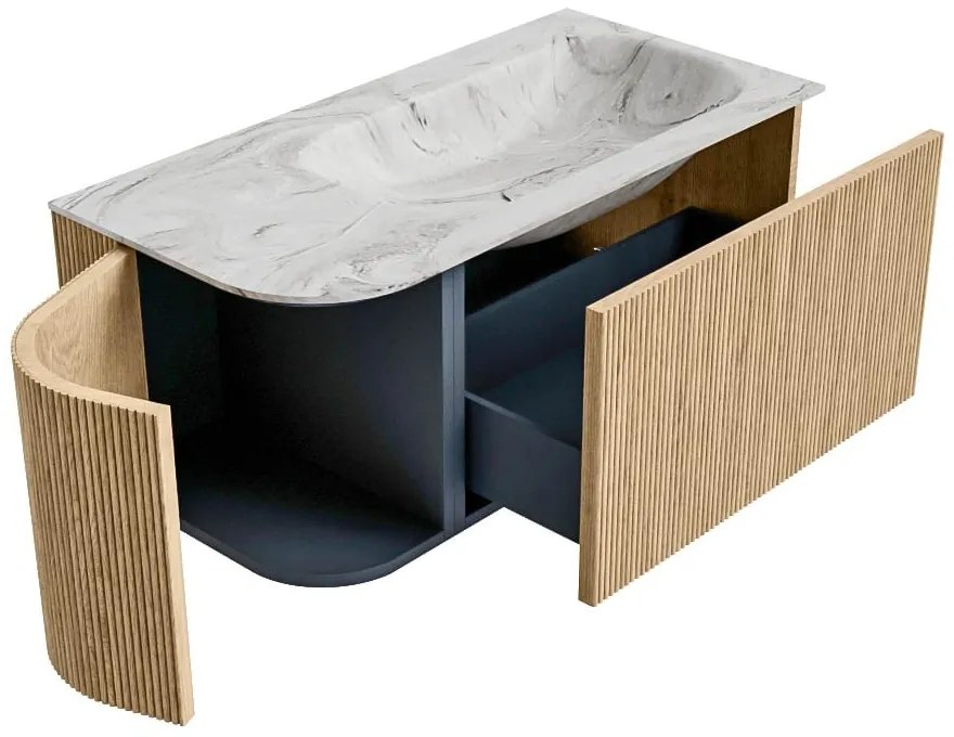 Mondiaz Kurve-dlux 95cm badmeubel ronding links oak met 1 lade en deur en wastafel big small kraangat rechts glace