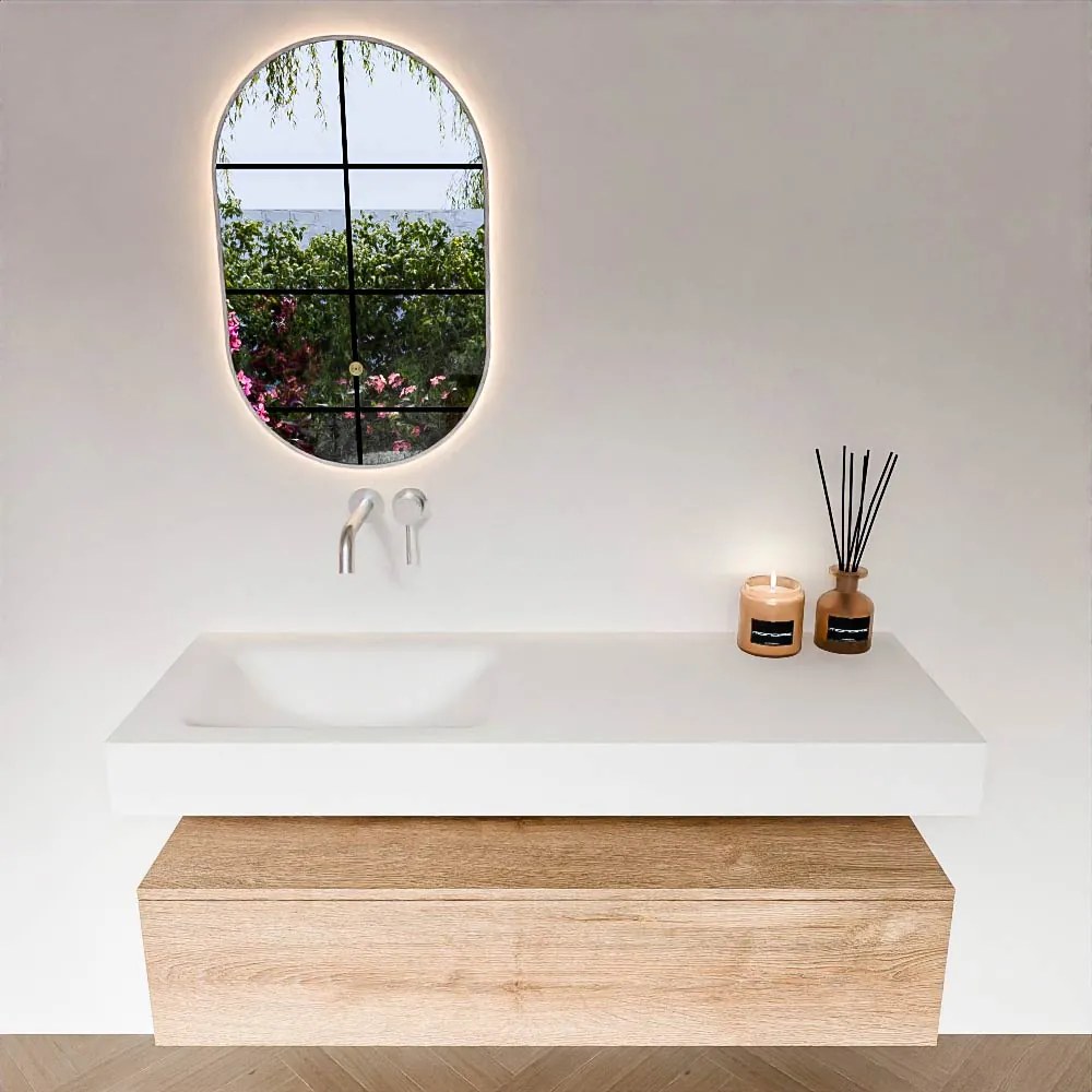 Zaro Alan badmeubel 130cm washed oak 1 lade met vrijhangende wastafel cloud links zonder kraangat talc