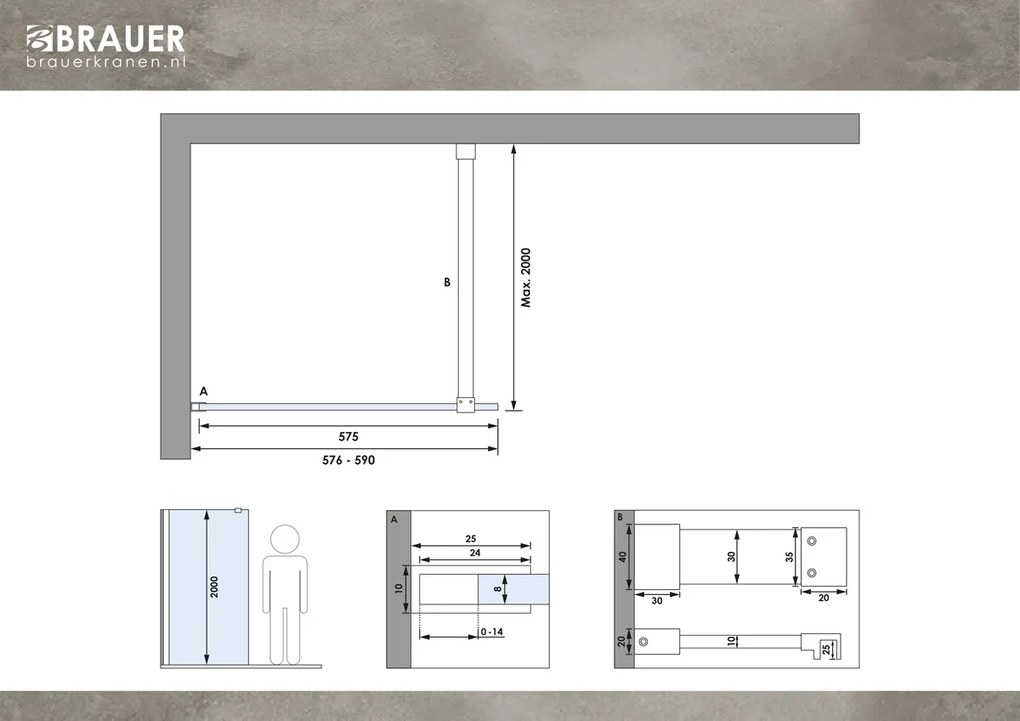 Brauer Gunmetal Season inloopdouche helder glas 60x200 met muurprofiel gunmetal geborsteld