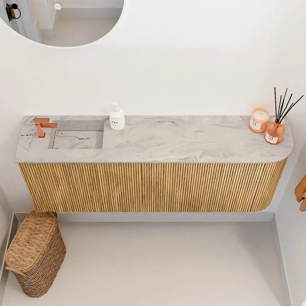 Mondiaz Joya DLux 110cm toiletmeubel ronding rechts oak met wastafel faye links 1 kraangat glace