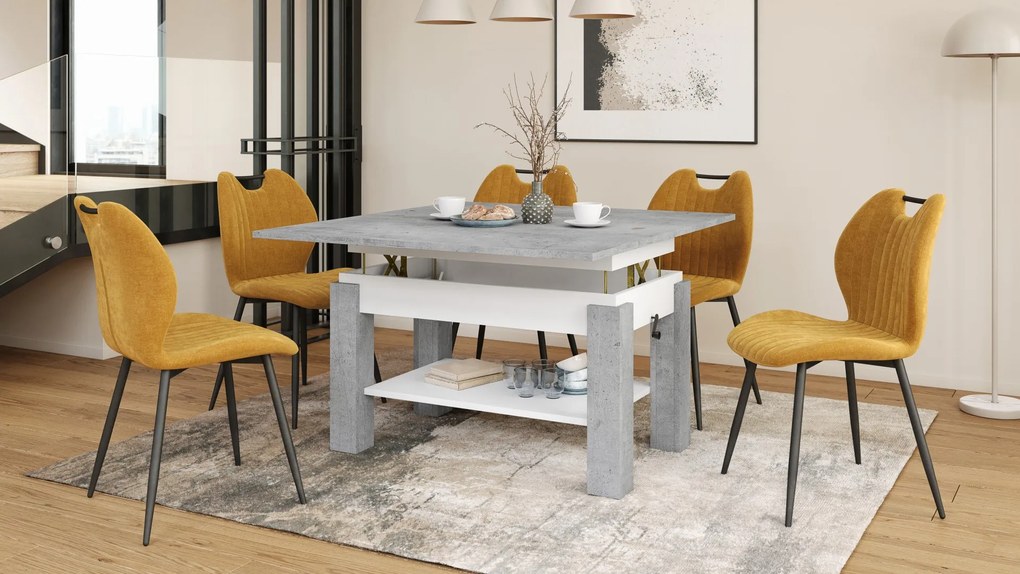 BRAVO beton / wit – uitschuifbare en in hoogte verstelbare salontafel, tafel met plank