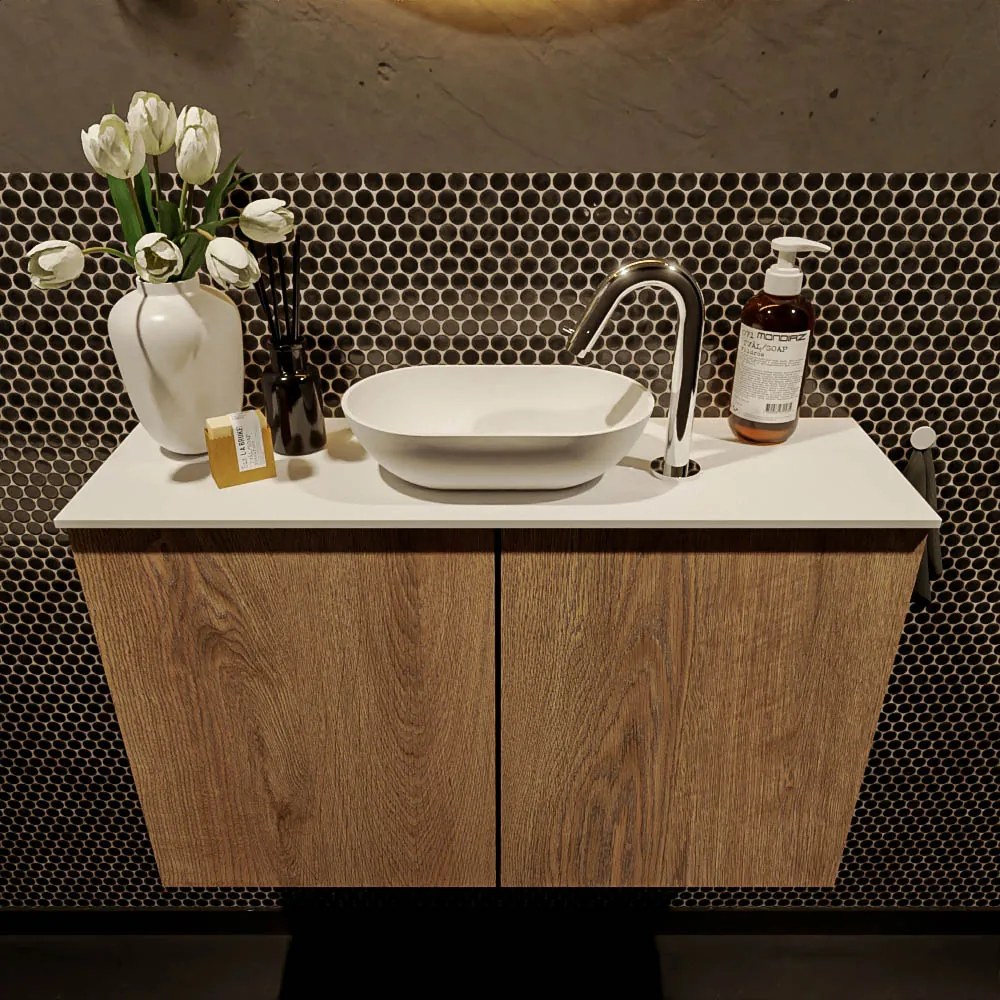 Mondiaz Fowy toiletmeubel 80cm washed oak met witte waskom midden en kraangat