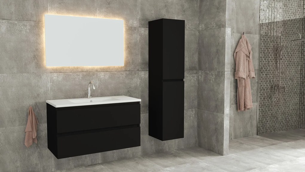 Fontana Rovigo badmeubel 100cm met witte wastafel en kraangat zwart mat