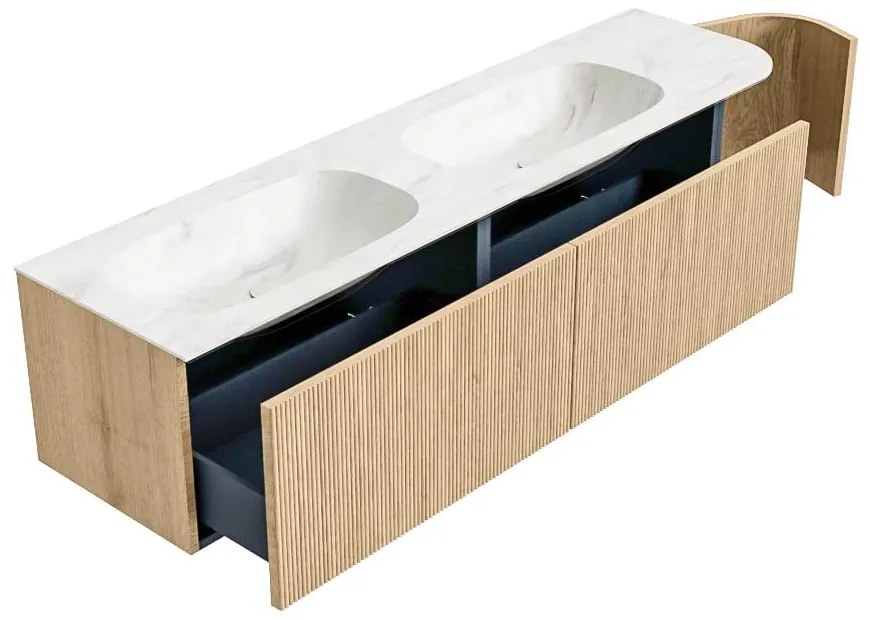 Mondiaz Kurve-dlux 175cm badmeubel ronding rechts oak met 2 lades en 1 deur en wastafel stor small dubbel/links 2 kraangaten ostra