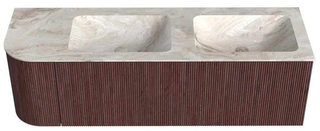 Mondiaz Kurve-dlux 145cm badmeubel ronding links ruby met 1 lade en deur en wastafel leaf dubbel/rechts zonder kraangat frappe