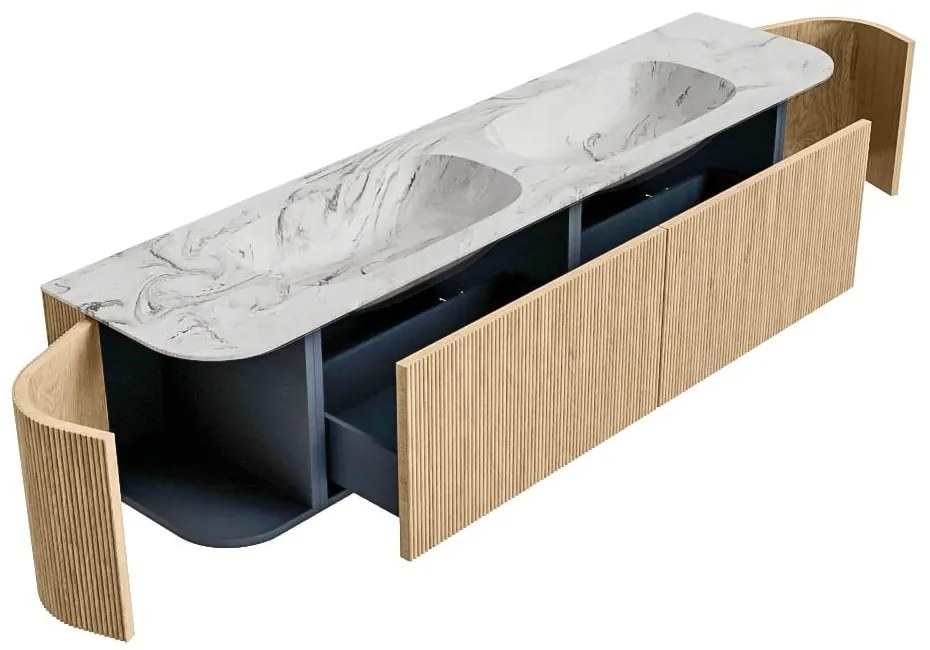 Mondiaz Kurve-dlux 190cm badmeubel ronding links/rechts oak met 2 lades en deuren en wastafel stor small dubbel zonder kraangat glace