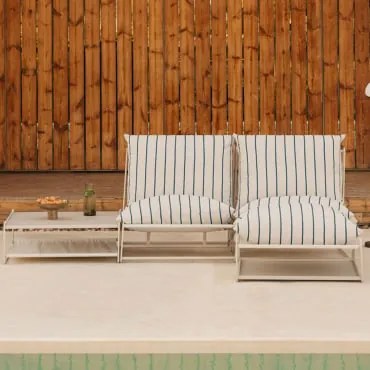 Tuinset Met 2-delige Modulaire Bank, Bijzettafel En Omvormbare Poef Amaro Tapioca Beige - Marine Blauw - Sklum