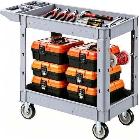 VEVOR Service Trolley Werkplaatstrolley gemaakt van PP 1010x440x845mm Grijs, Gereedschapstrolley met een draagvermogen van 250 kg, incl. 2 niveaus, 4 wielen en handgreep met opbergvak, Multifunctionele trolley voor garage, magazijn en werkplaats