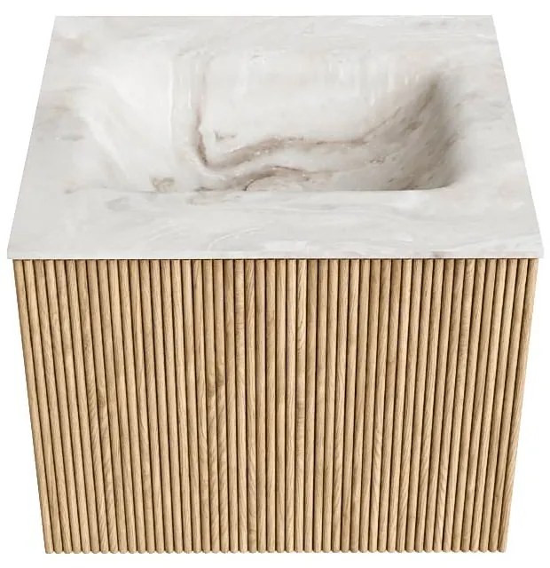 Mondiaz Kurve-dlux 50cm badmeubel oak met 1 lade en wastafel grunne midden 1 kraangat frappe