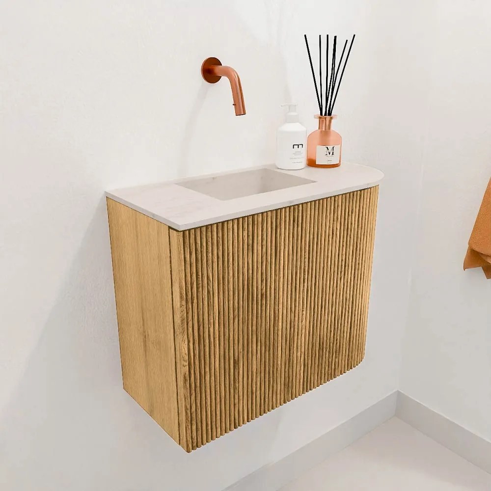 Mondiaz Joya DLux 50cm toiletmeubel ronding rechts oak met wastafel faye links zonder kraangat meli