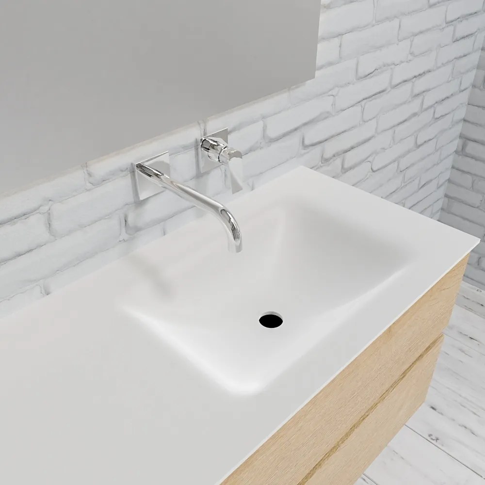 Zaro Valencia Solid Surface badmeubel 150cm licht eiken zonder kraangat spoelbak rechts met 2 lades