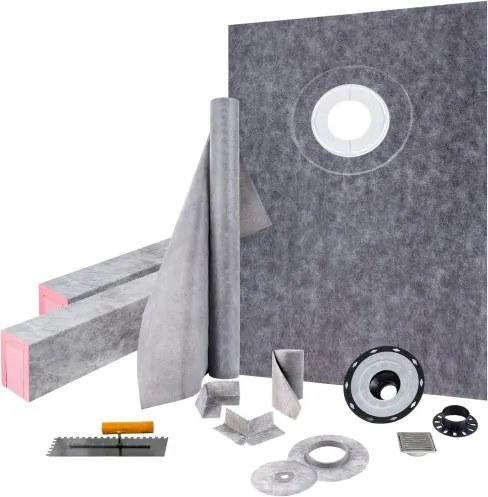 VEVOR Douchedrempelset, 38 x 60 inch waterdichte douchedrempel met 4 inch ABS offset lijmflens, 4 inch roestvrijstalen rooster, 2 snijdbare douchedrempels en troffel, douchebakhellingstangen geschikt voor badkamer