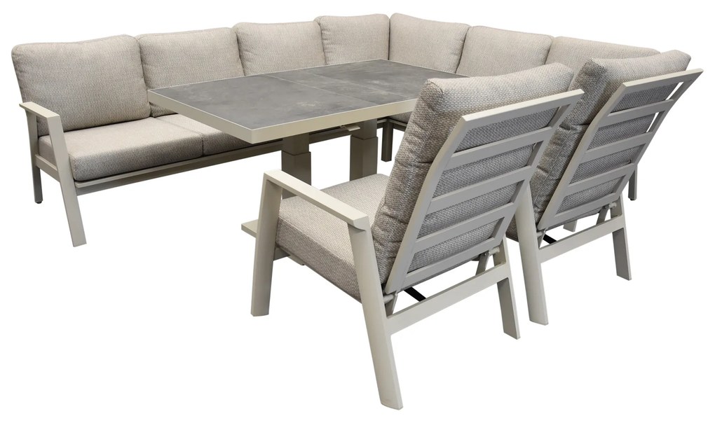 Barolo hoek dining loungeset 6 delig aluminium verstelbare tafel latte