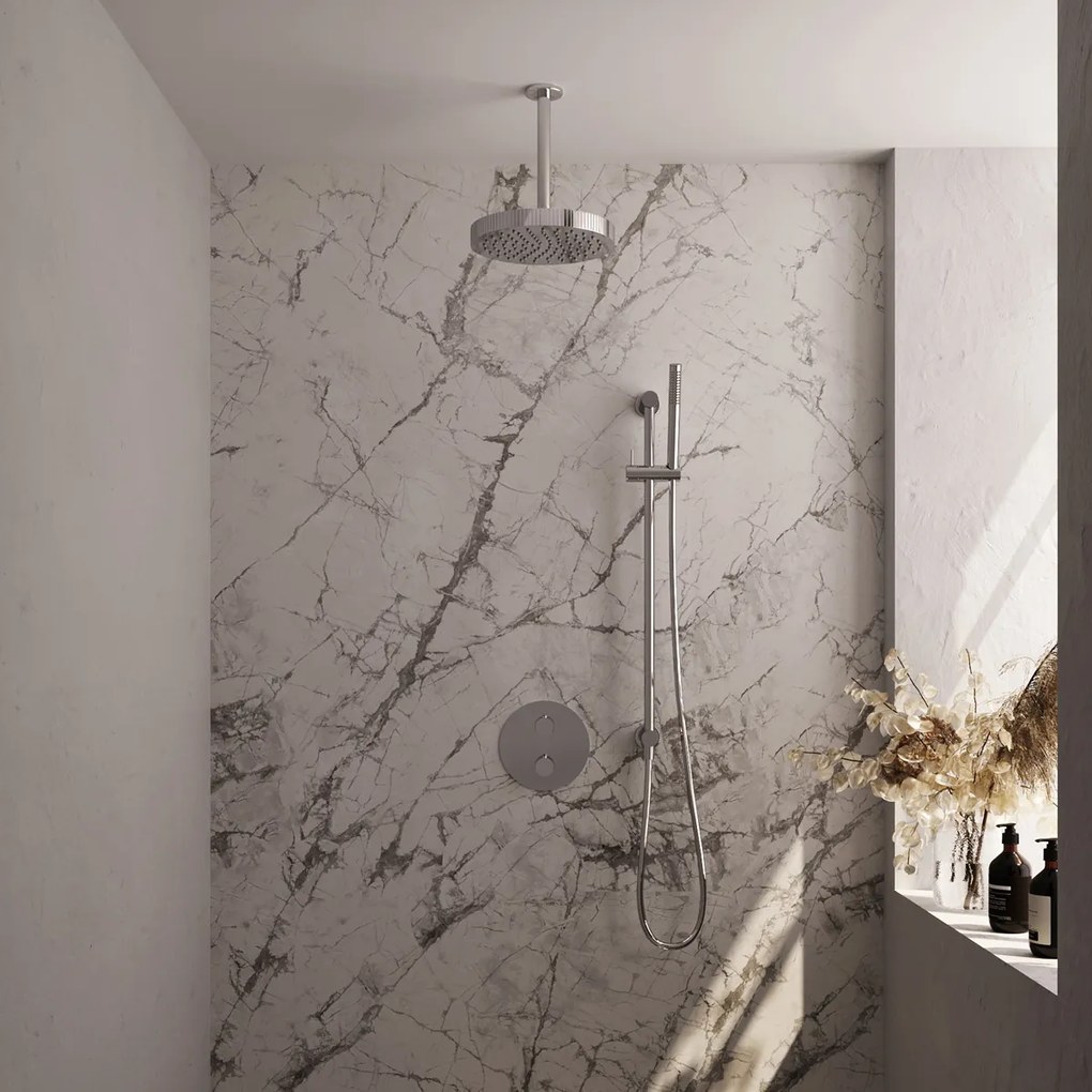 Brauer Stripe inbouw regendouche rond met 25cm hoofddouche, rond met plafondarm, glijstang en staafhanddouche set 45 chroom