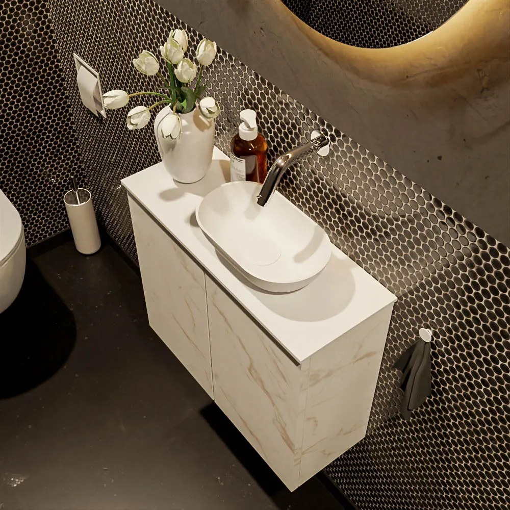 Mondiaz Fowy toiletmeubel 60cm Carrara met witte waskom rechts zonder kraangat