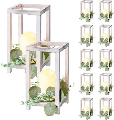 VEVOR 12-delige set, houten lantaarns, inclusief 12 houten lantaarnkaarshouders, 12 vlamloze LED-kaarsen en 12 eucalyptusbladkransen voor bruiloftstafels, feesten en boerderijdecoratie, wit