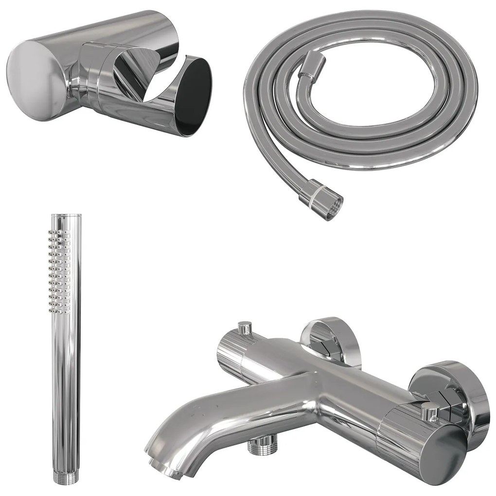 Brauer Stripe thermostatische badkraan met wandhouder en staafhanddouche chroom