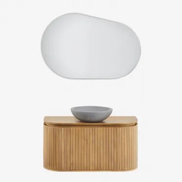 Badkamermeubelset Van Mangohout Analis Natuurlijk Hout & Rond Grijs Cement Ø40 Cm Tarsis & Ovaal Led En Anticondens 100x80 Cm Riben & Zonder Kraan -