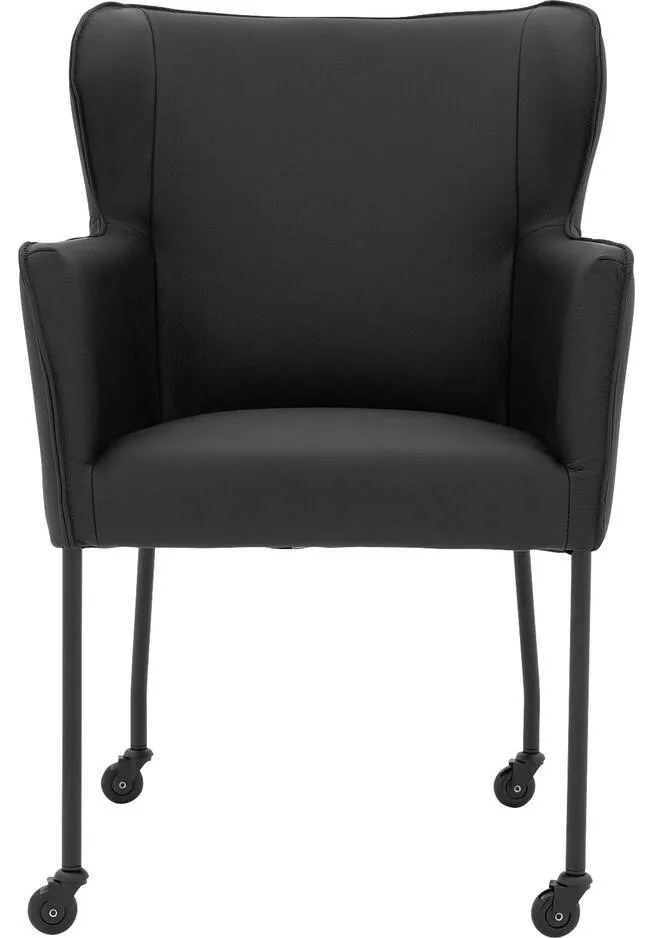Goossens Excellent Eetkamerstoel Leogang zwart leer met armleuning en Zwart skater wiel met zwarte kapmet wielen, elegant chic