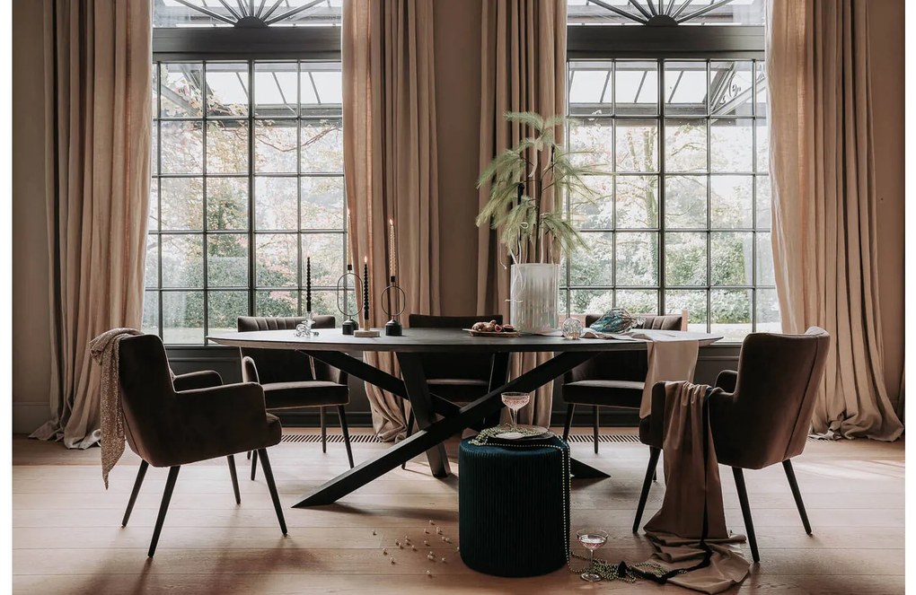 Goossens Eetkamerstoel Rob bruin velvet stof met armleuning, urban industrieel