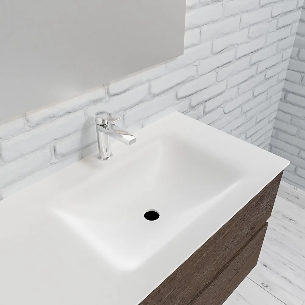 Zaro Valencia Solid Surface badmeubel 150cm donker eiken 1 kraangat spoelbak rechts met 4 lades