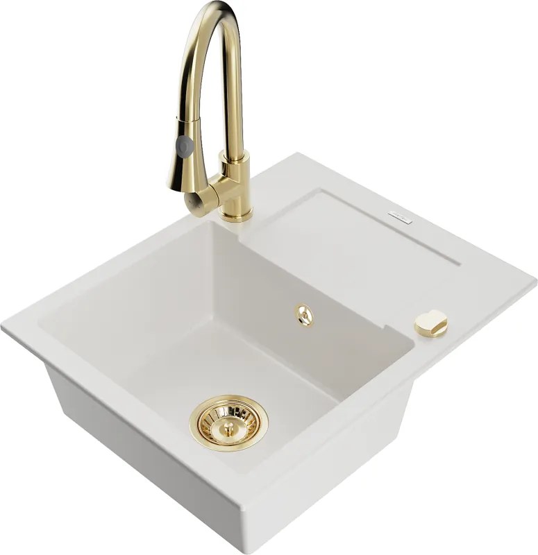 Mexen Enzo granieten gootsteen 1-kamer met druiprek en keukenmengkraan Elia, wit - 6506-20-670101-50