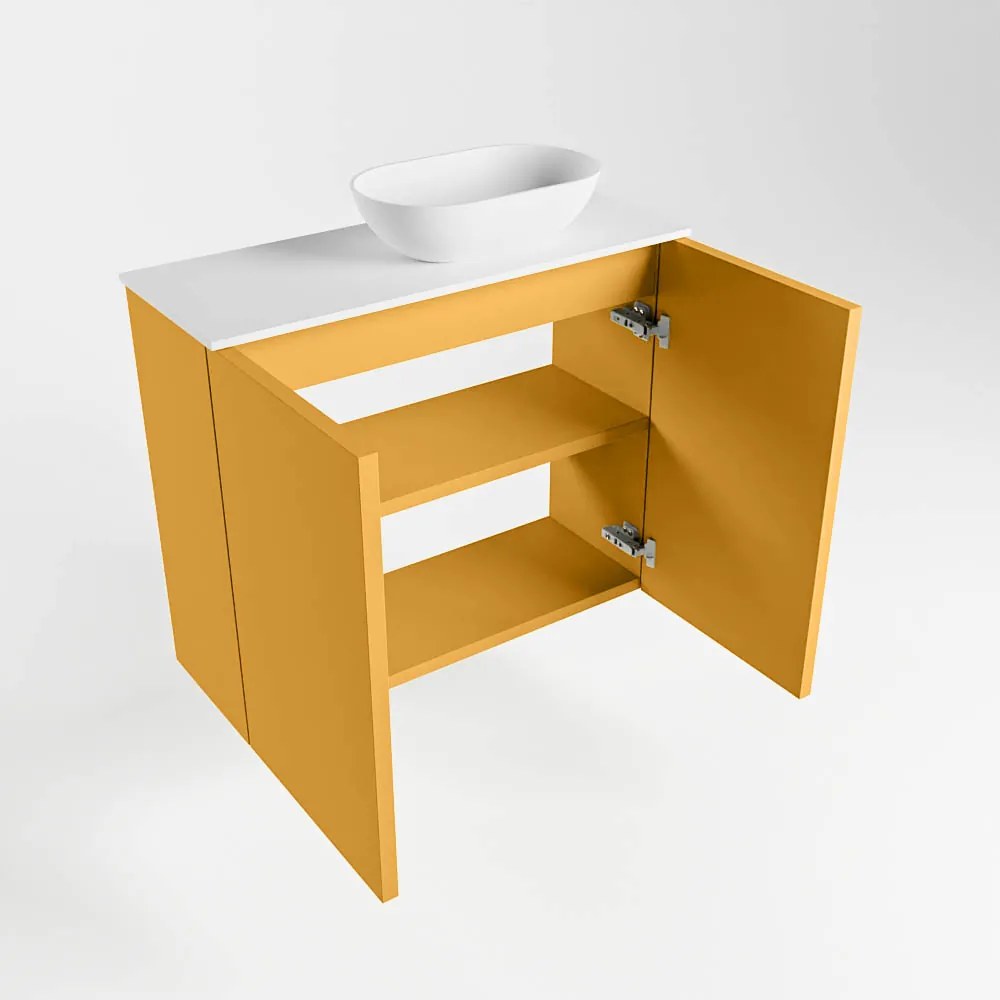 Mondiaz Fowy toiletmeubel 60cm ocher met witte waskom rechts en kraangat