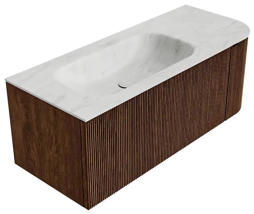 Mondiaz Kurve-dlux 115cm badmeubel ronding rechts walnut met 1 lade en deur en wastafel big small links zonder kraangat opalo